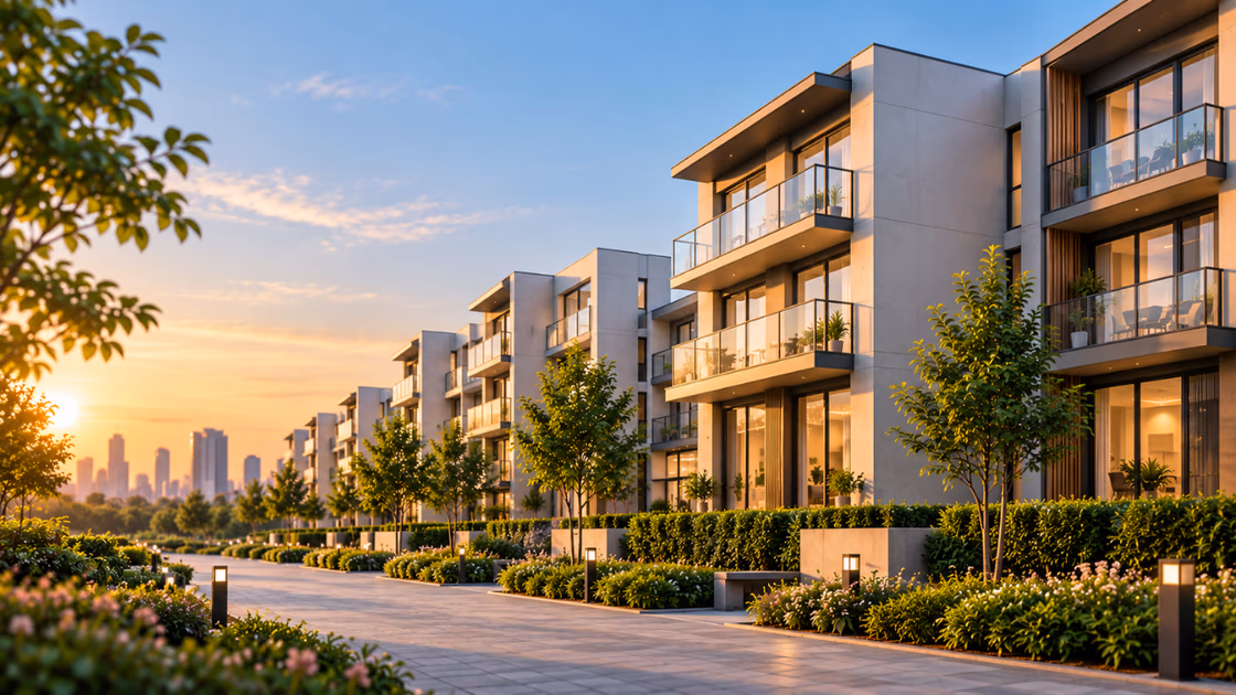 A row of modern apartment buildings along a landscaped path at sunset