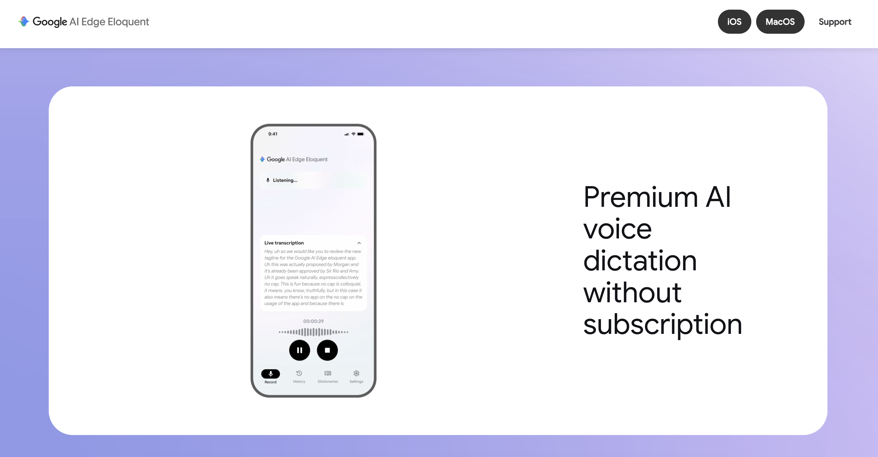 The Google AI Edge Eloquent homepage, showing a phone mockup mid-recording with a live, disfluent transcription in progress, beside the tagline Premium AI voice dictation without subscription