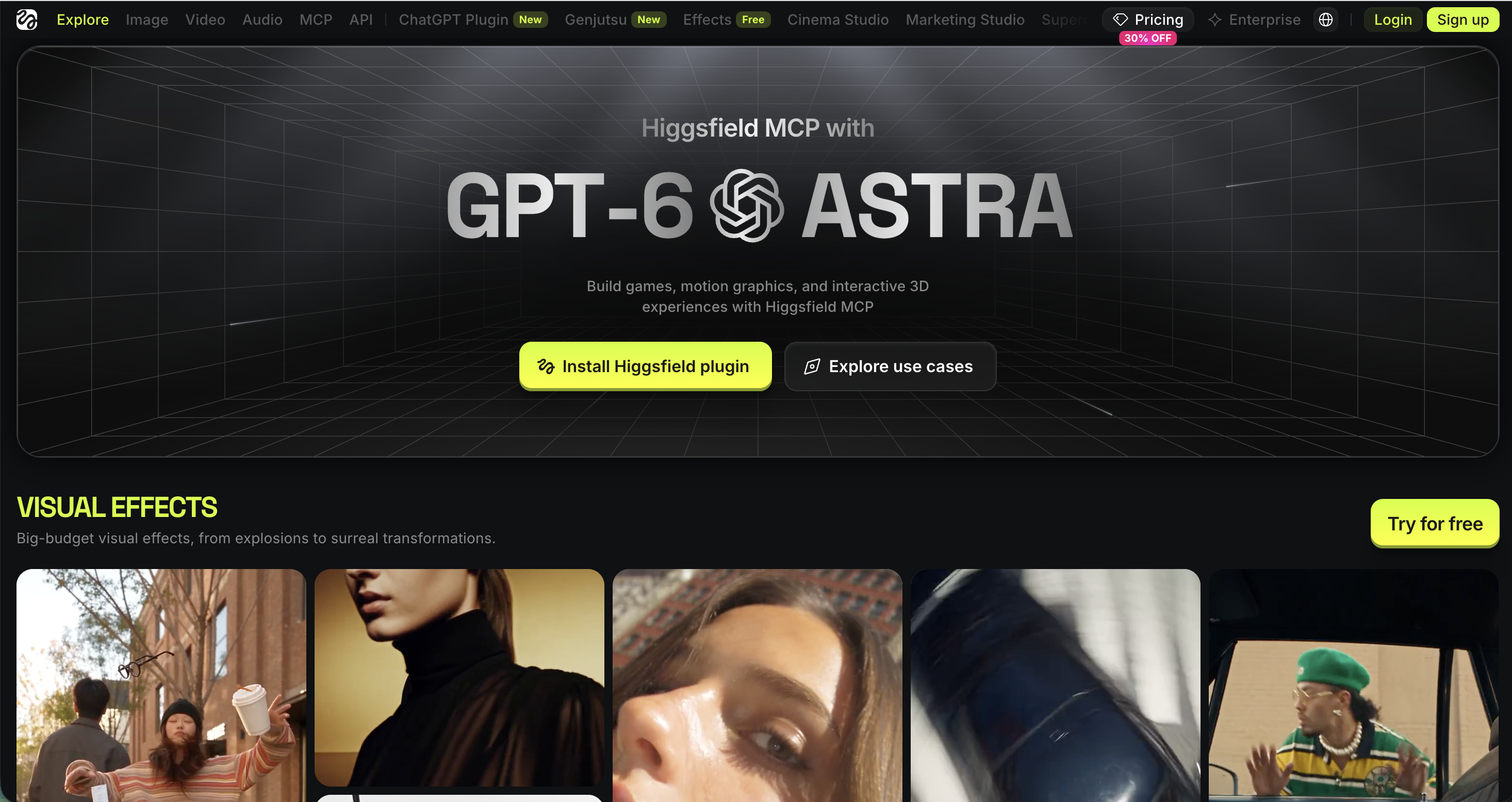 The Higgsfield homepage, showing a Higgsfield MCP with GPT-6 ASTRA hero banner for building games, motion graphics, and interactive 3D experiences, above a Visual Effects section with example generated clips
