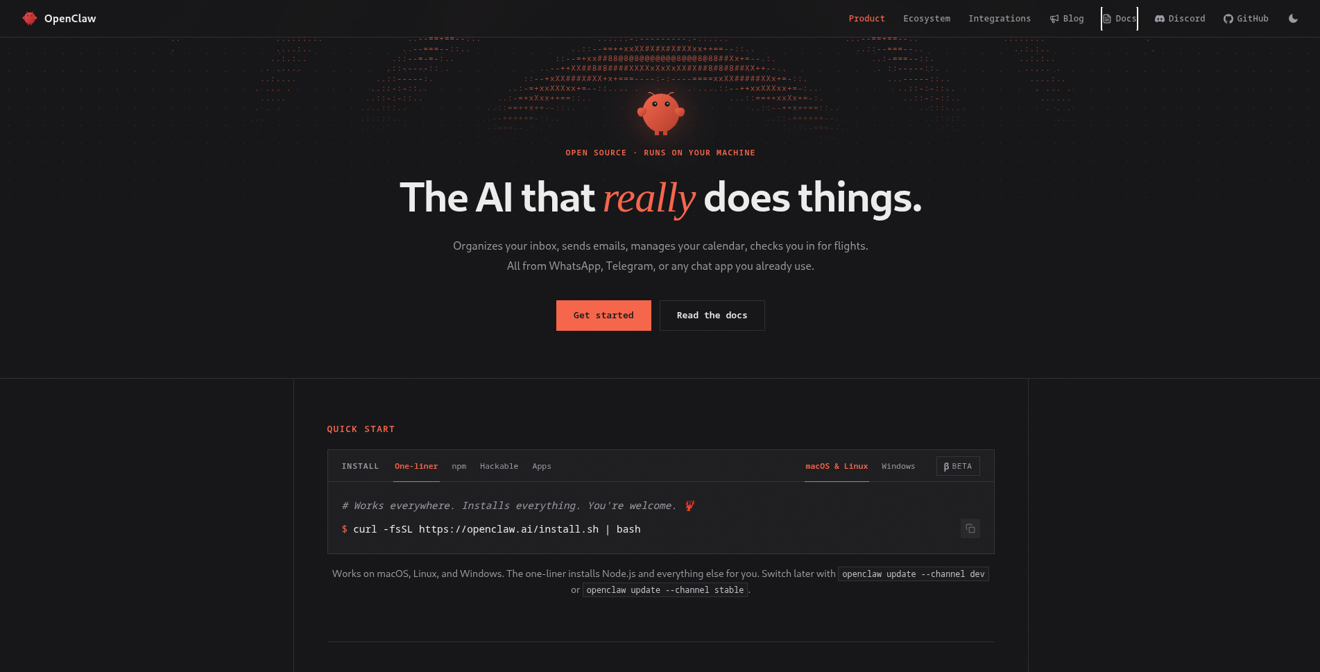 The OpenClaw homepage: "The AI that really does things," with a quick-start install command for macOS, Linux, and Windows